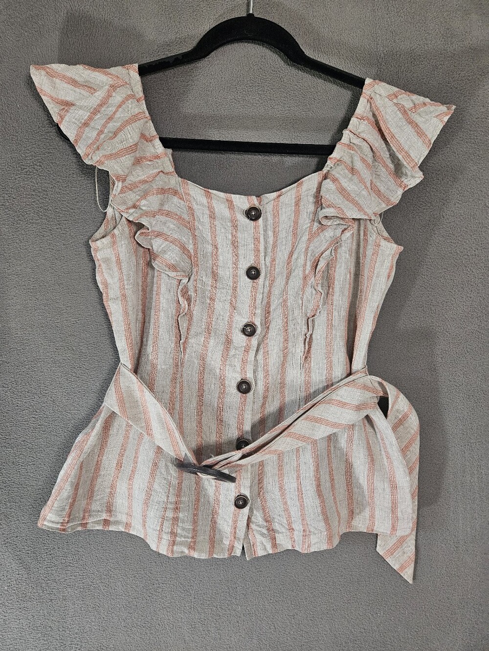 Abito Women Large Shirt 100% Belt Beige Orange Stripe Ruffles Sleeveless Coastal